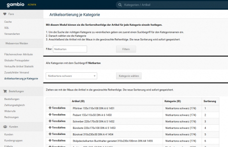 Artikelsortierung je Kategorie