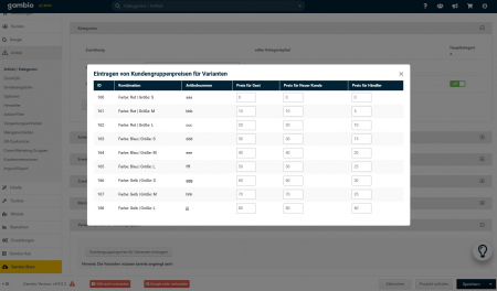 Gambio Variantenpreise je Kundengruppe